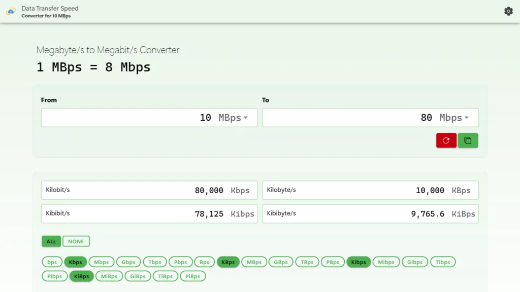 Convert 10 MB/s to Mbps