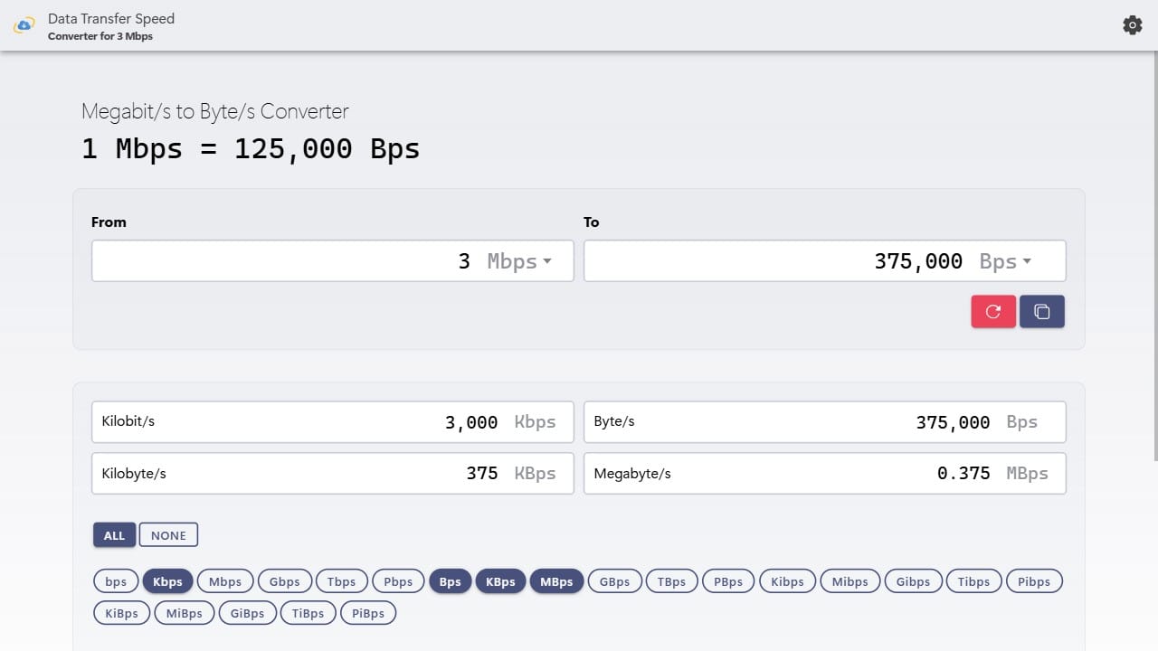 Convert 3 megabits to bytes per second