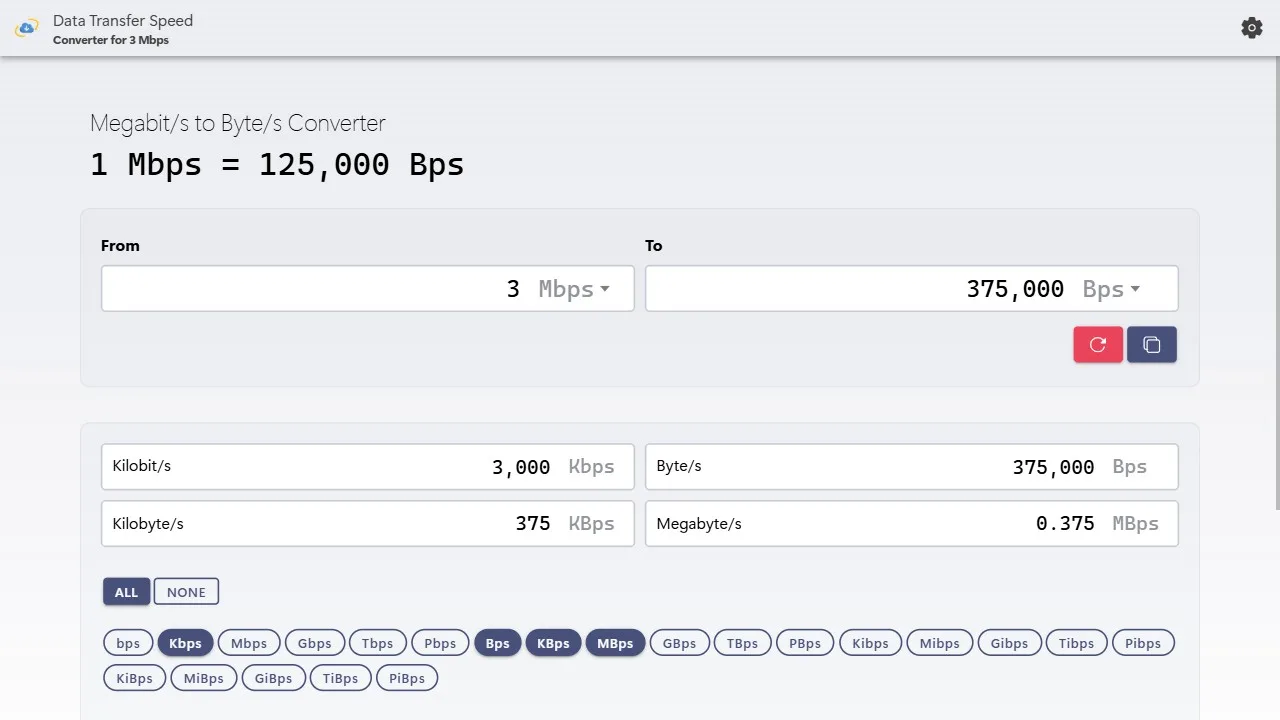 Convert 3 megabits to bytes per second