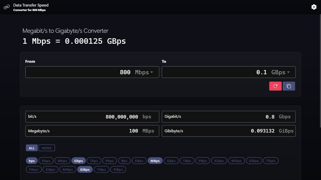 Convert 800 megabits to gigabytes per second