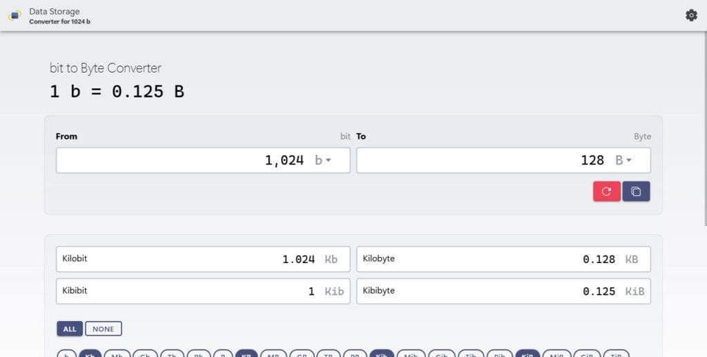 Convert 1024 bits to bytes with our calculator