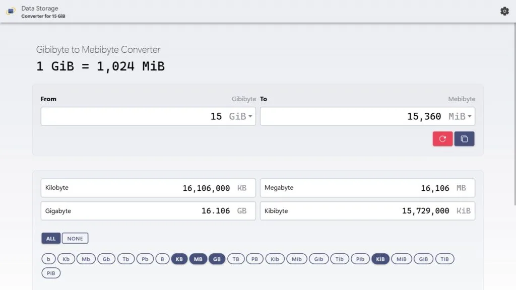 Convert 5 GiB to MiB demonstration
