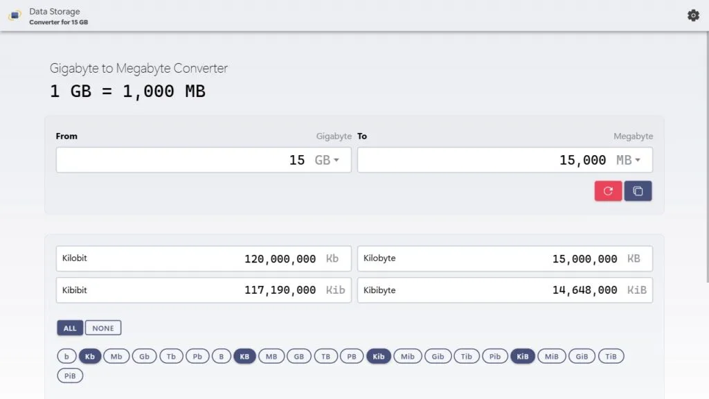 Convert 5 GB to MB demonstration