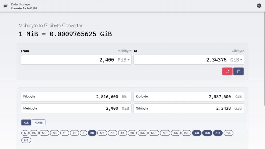 Convert 2400 mebibytes to gibibytes example