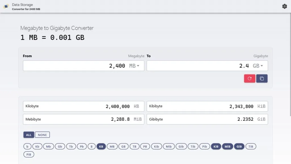 Convert 2400 megabytes to gigabytes example