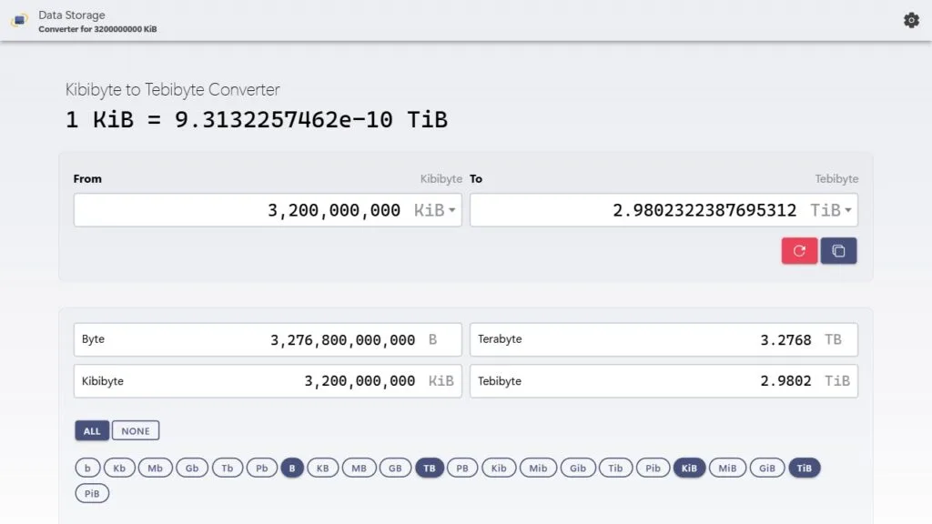 Convert 3.2 billion kibibytes to tebibytes example