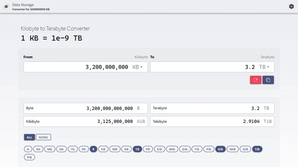 Convert 3.2 billion kilobytes to terabytes example