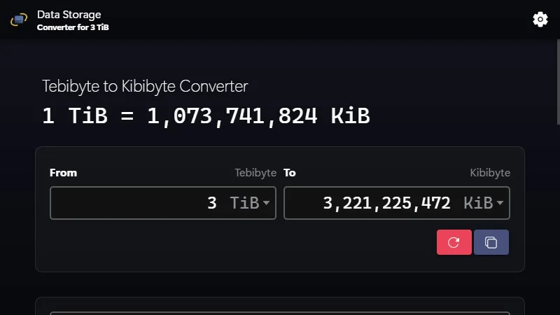 Convert 3 tebibytes (TiB) to kibibytes (KiB) demo