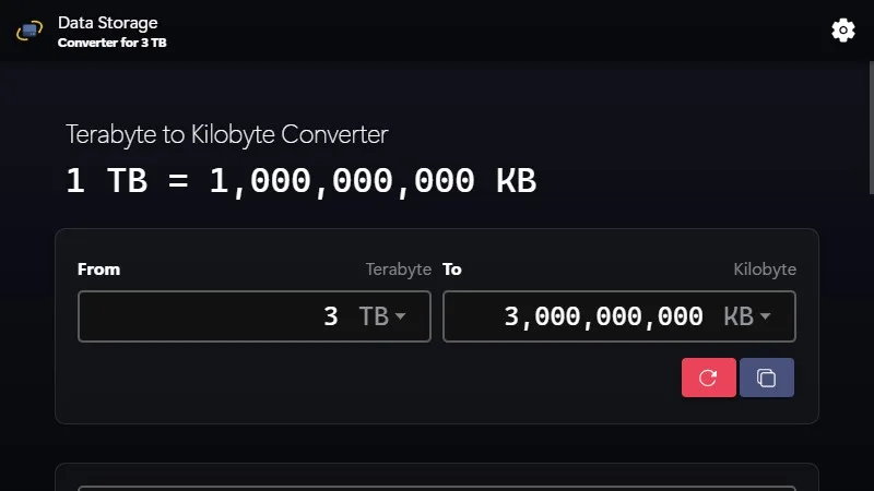 Convert 3 terabytes (TB) to kilobytes (KB) demo