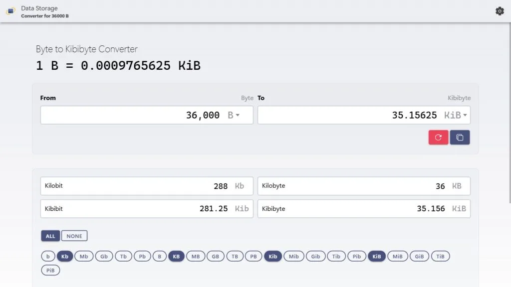 Convert 36,000 bytes to kibibytes using our calculator