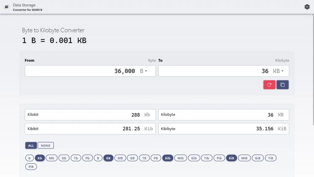 Convert 36,000 bytes to kilobytes using our calculator