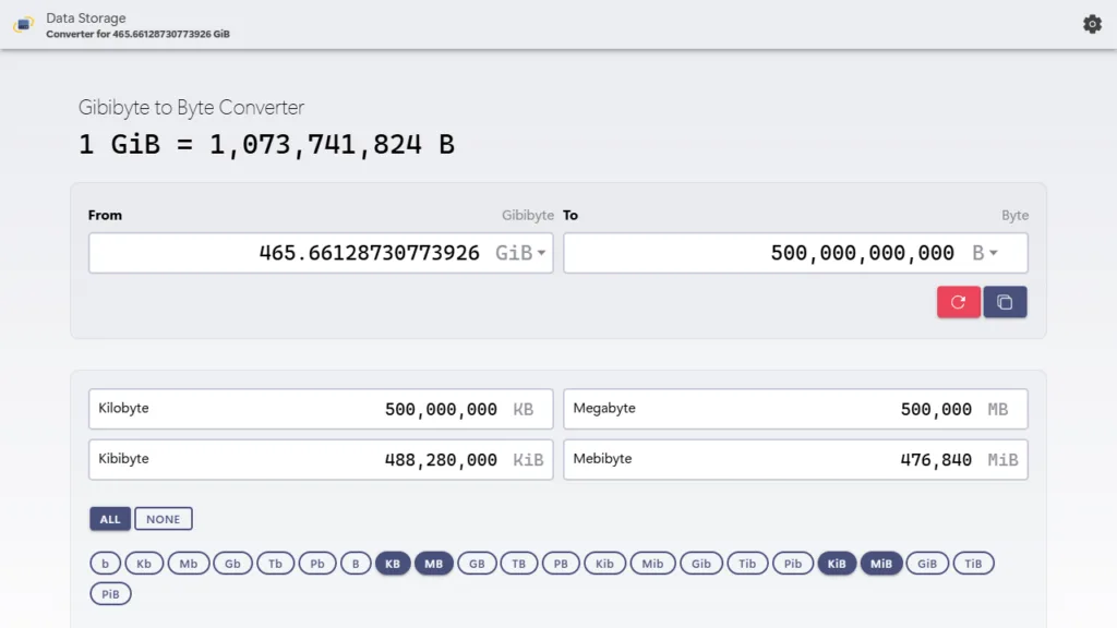 Convert 500 billion bytes to gibibytes demonstration