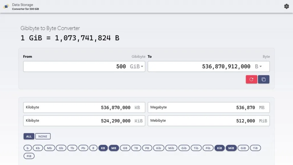 Convert 500 GiB to bytes demonstration