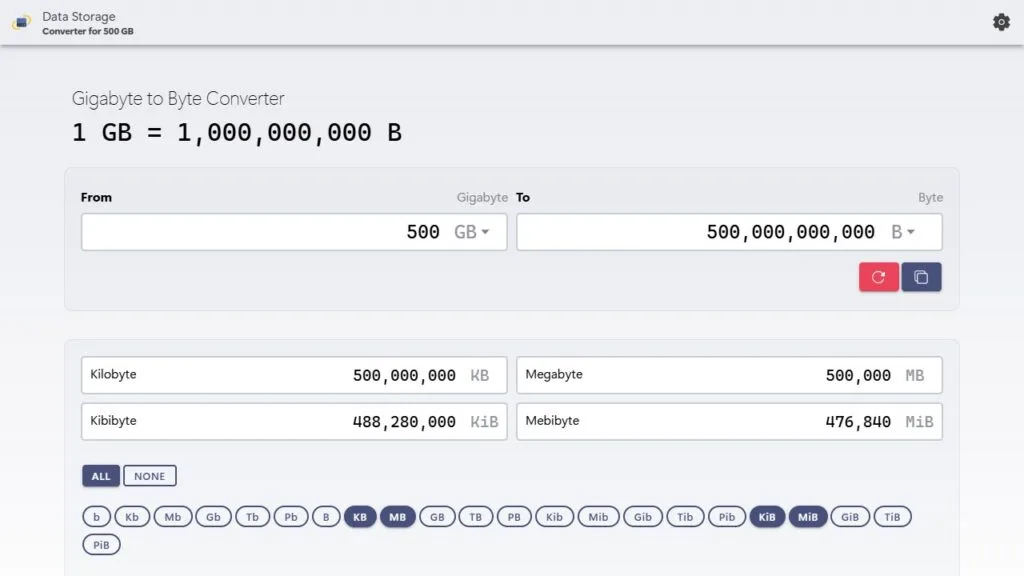 Convert 500 GB to bytes demonstration