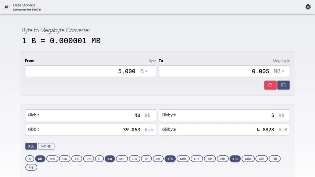 Convert 5,000 bytes to megabytes with our calculator