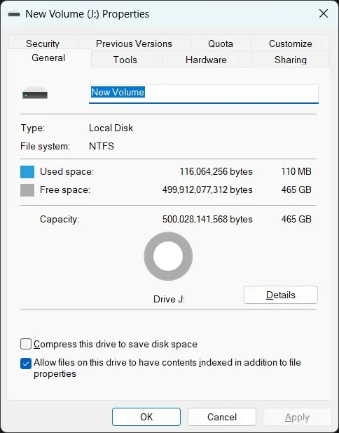 500GB disk property on Windows 11
