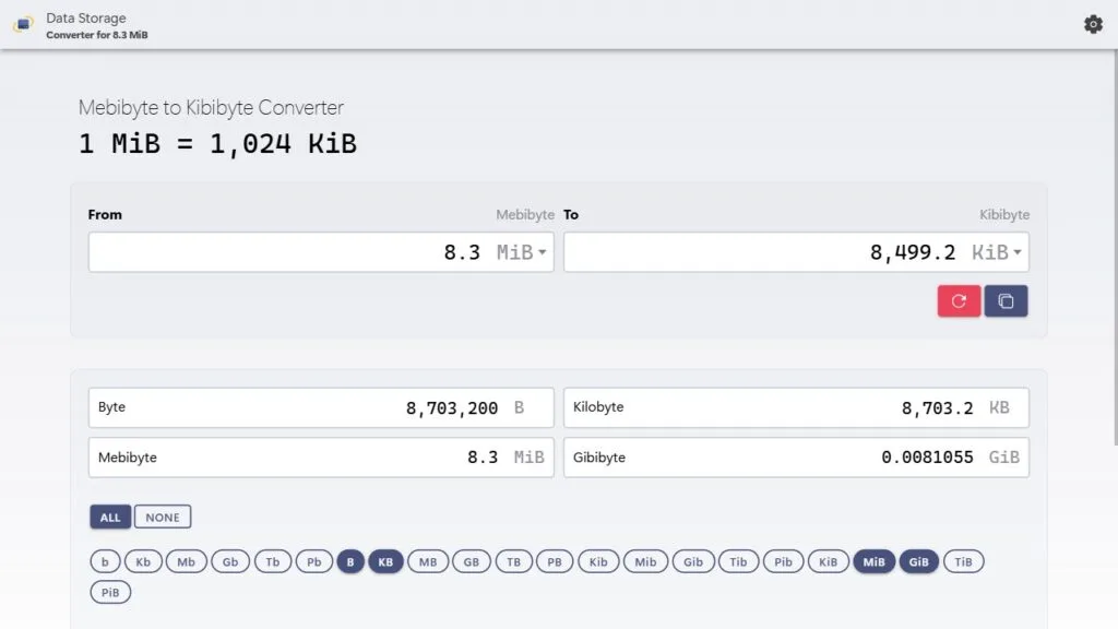 Convert 8.3 mebibytes to kibibytes example