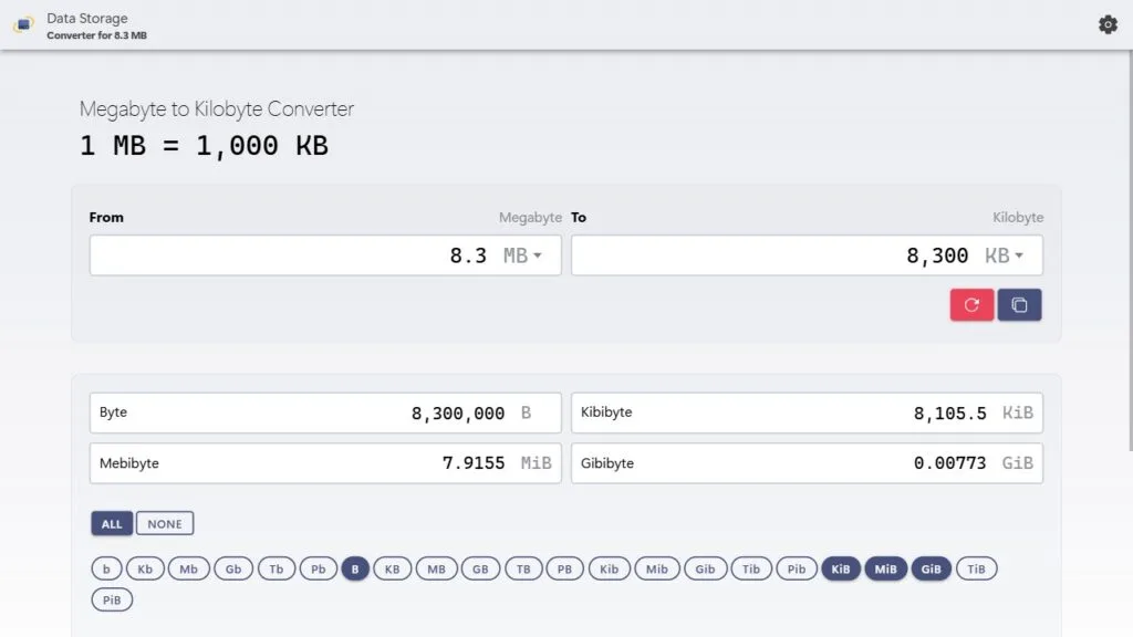 Convert 8.3 megabytes to kilobytes example