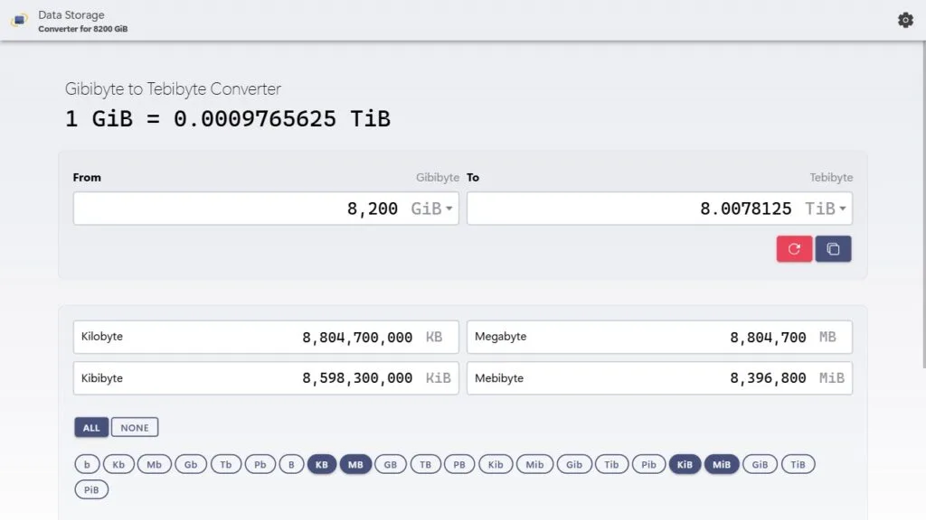 Convert 8,200 GiB to TiB demonstration
