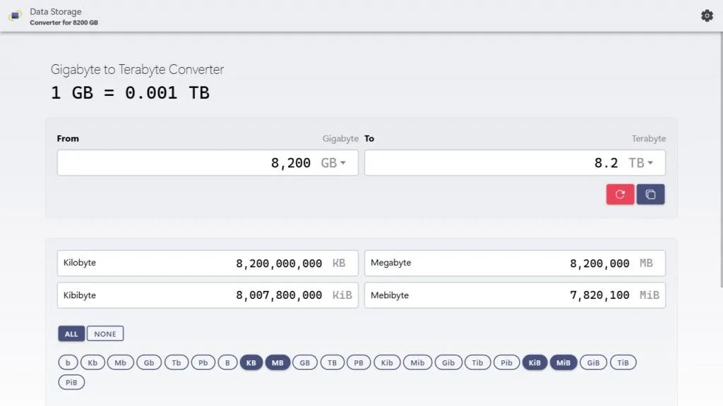 Convert 8,200 GB to TB demonstration