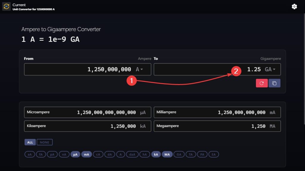 Amperes to Gigaamperes Converter Example