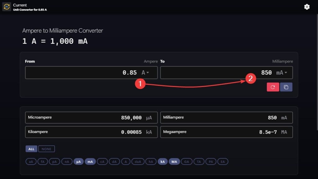 Amperes to Milliamperes Converter Example