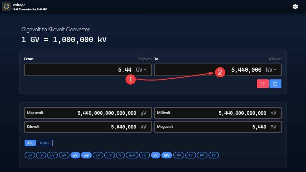 Gigavolt to Kilovolt Converter Example