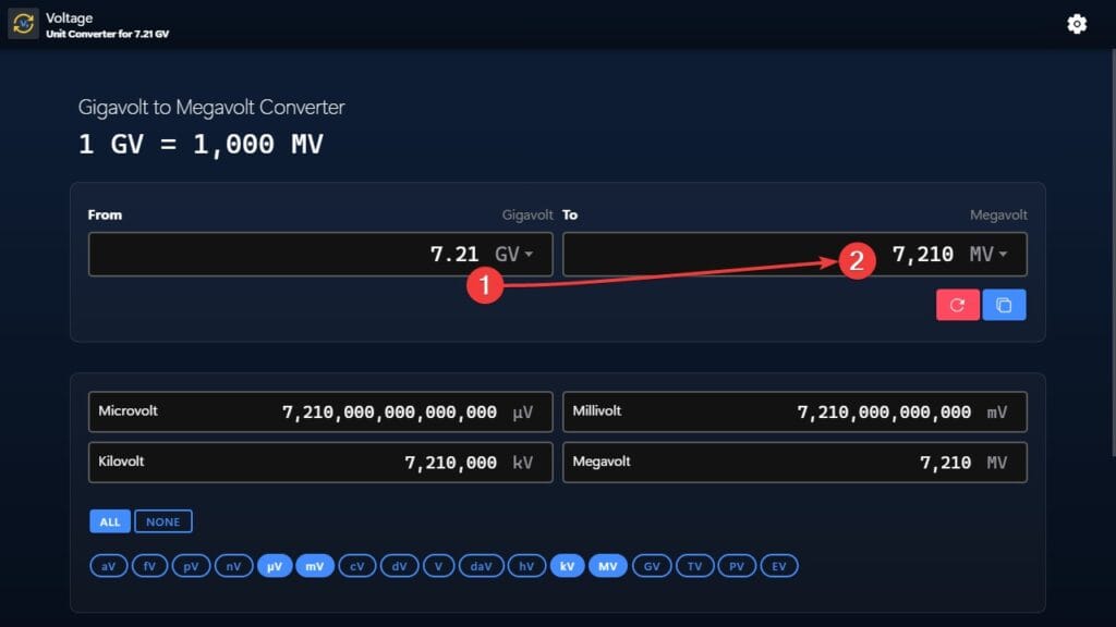 Gigavolt to Megavolt Converter Example
