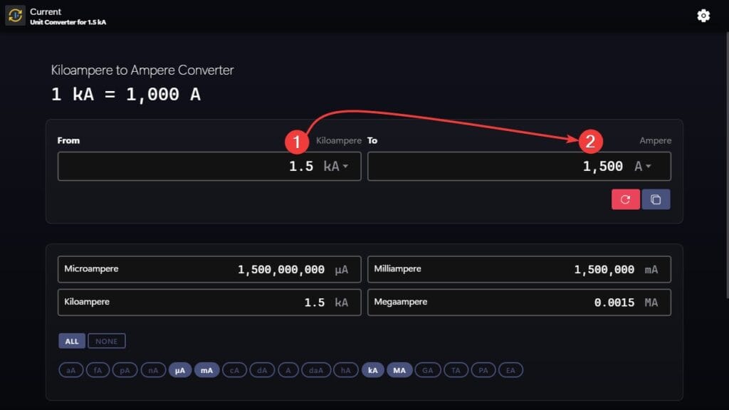 Steps to use our app to convert form kiloampere to ampere