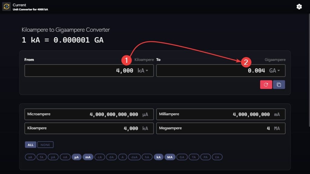 Steps to use our app to convert form kiloampere to gigaampere