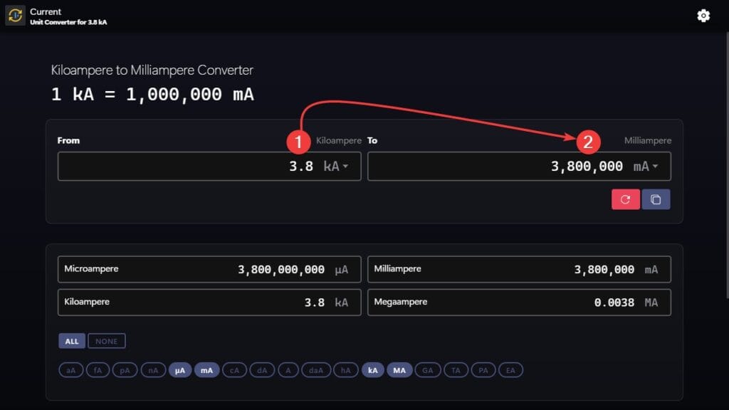 Steps to use our app to convert form kiloampere to milliampere