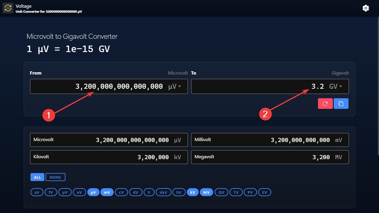 Microvolt to Gigavolt Converter Example