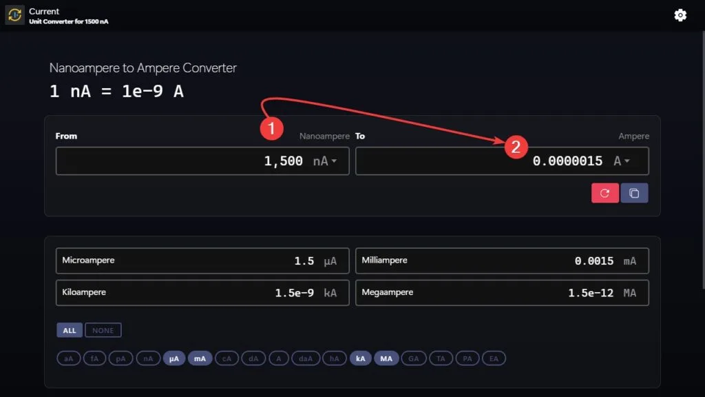 Steps to use our app to convert form nanoampere to ampere