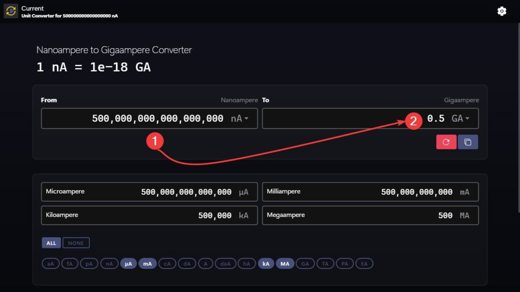 Steps to use our app to convert form nanoampere to gigaampere