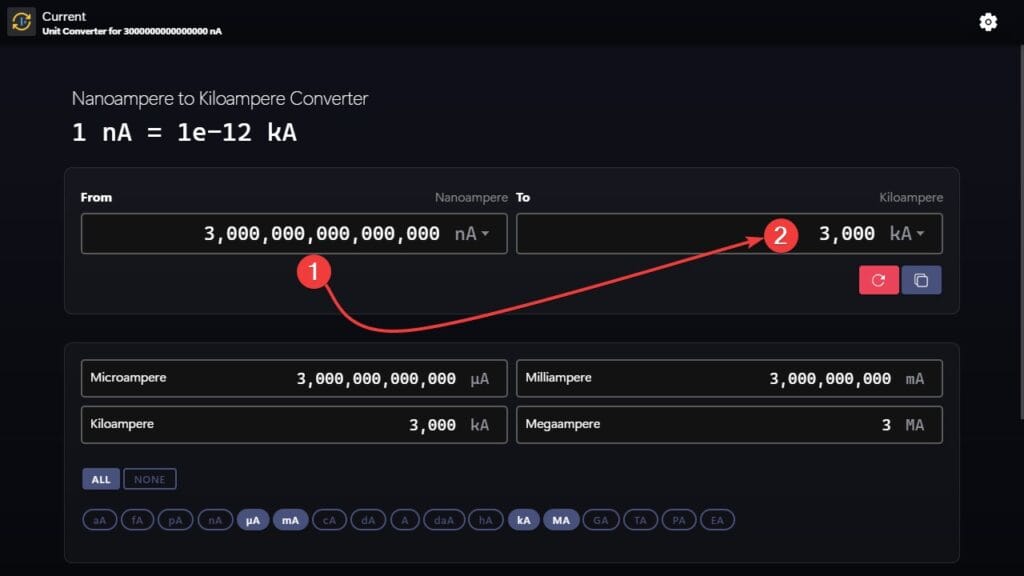 Steps to use our app to convert form nanoampere to kiloampere