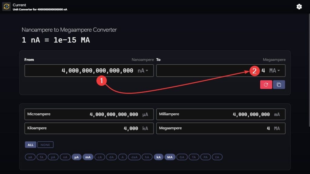 Steps to use our app to convert form nanoampere to megaampere