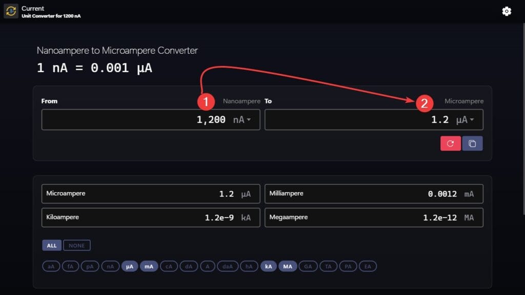 Steps to use our app to convert form nanoampere to microampere