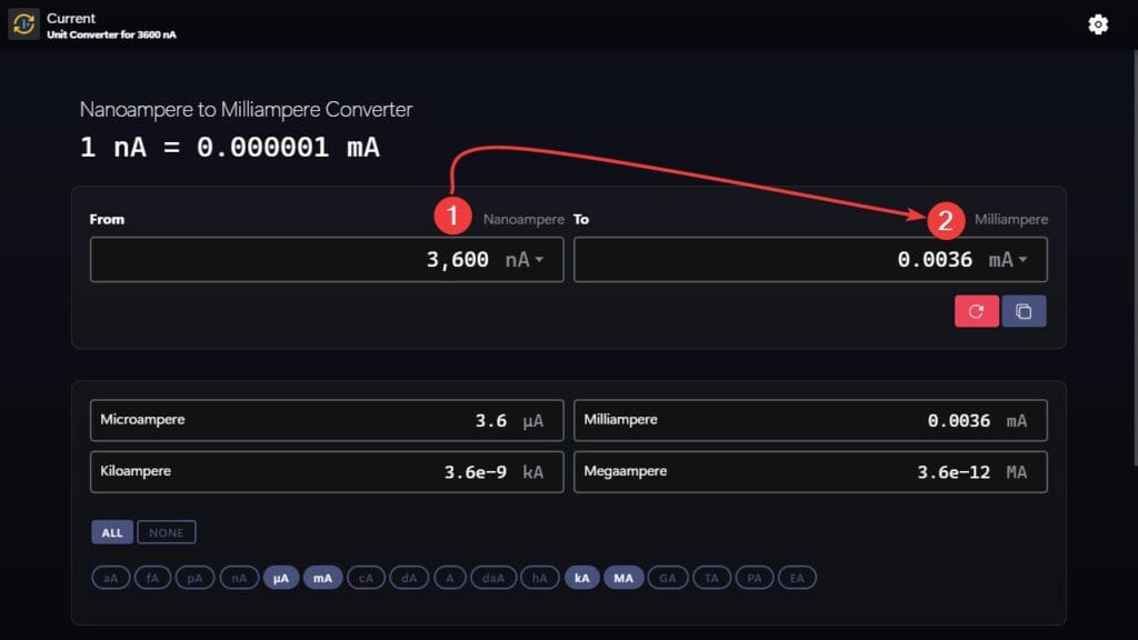 Steps to use our app to convert form nanoampere to milliampere