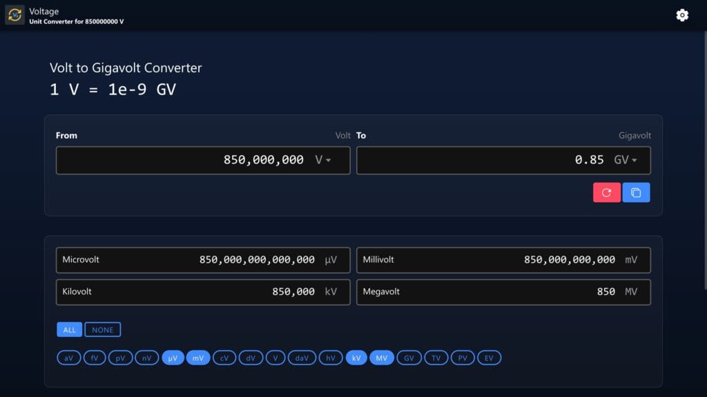 Volt to Gigavolt Converter Example