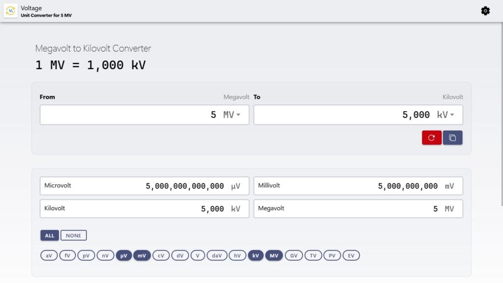 Steps to convert from megavolt to kilovolt with our Voltage Converter