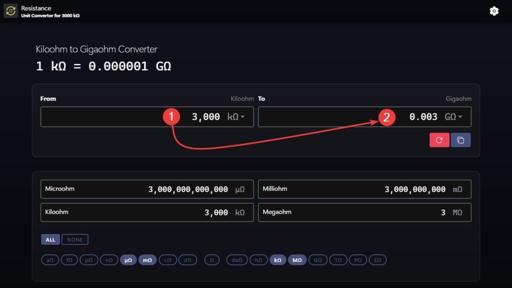 Kiloohms to gigaohm (kΩ to GΩ) conversion example