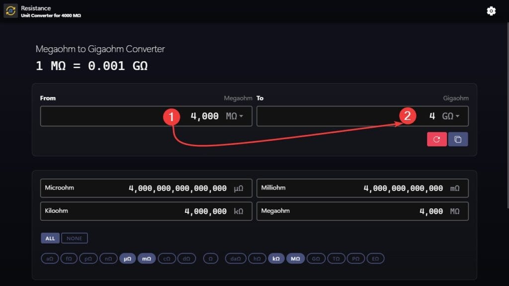 Megaohms to gigaohm (MΩ to GΩ) conversion example