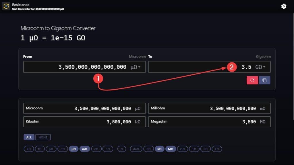 Microohms to gigaohms converter example