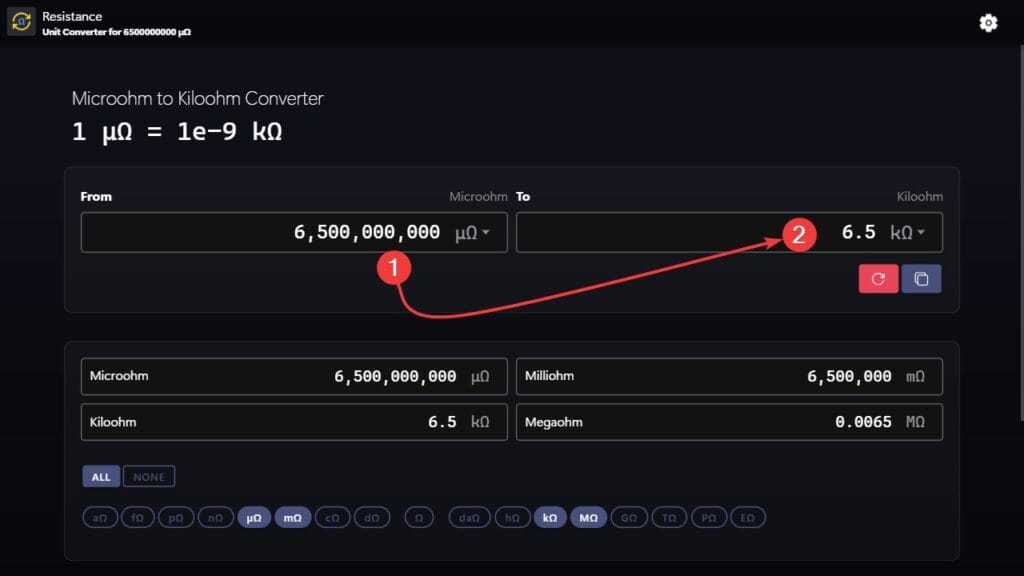 Microohms to kiloohms converter example