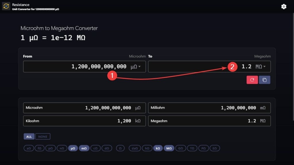 Microohms to megaohms converter example