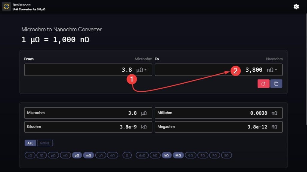 Microohms to Nanoohms converter example