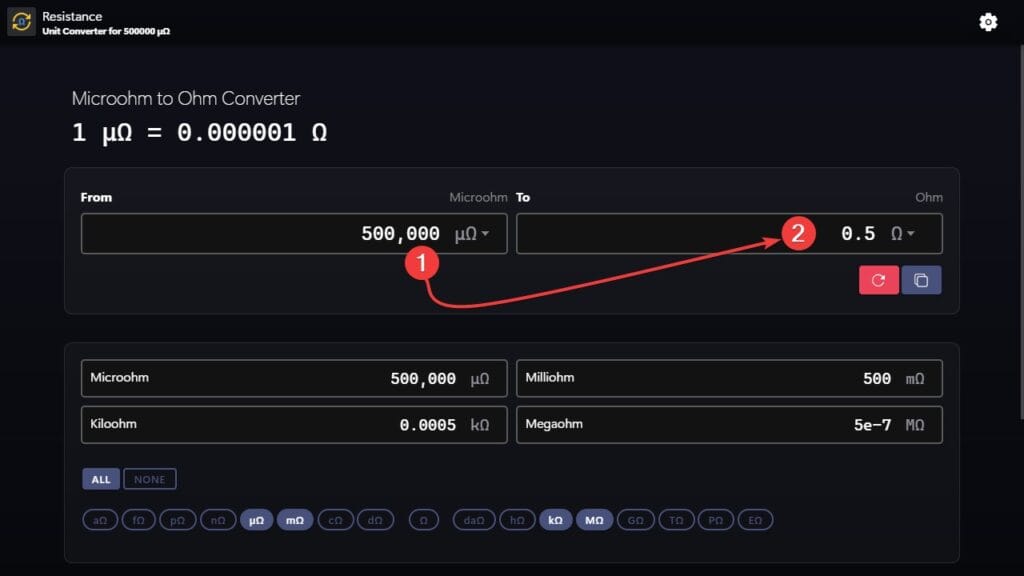 Microohms to ohms converter example