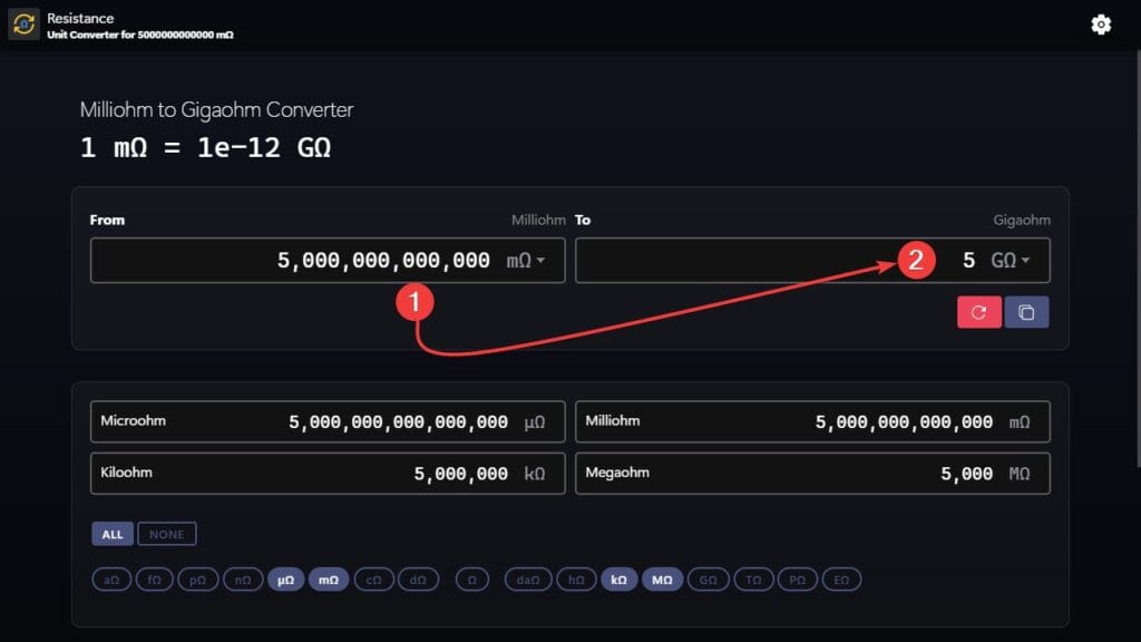 Milliohms to gigaohms converter example
