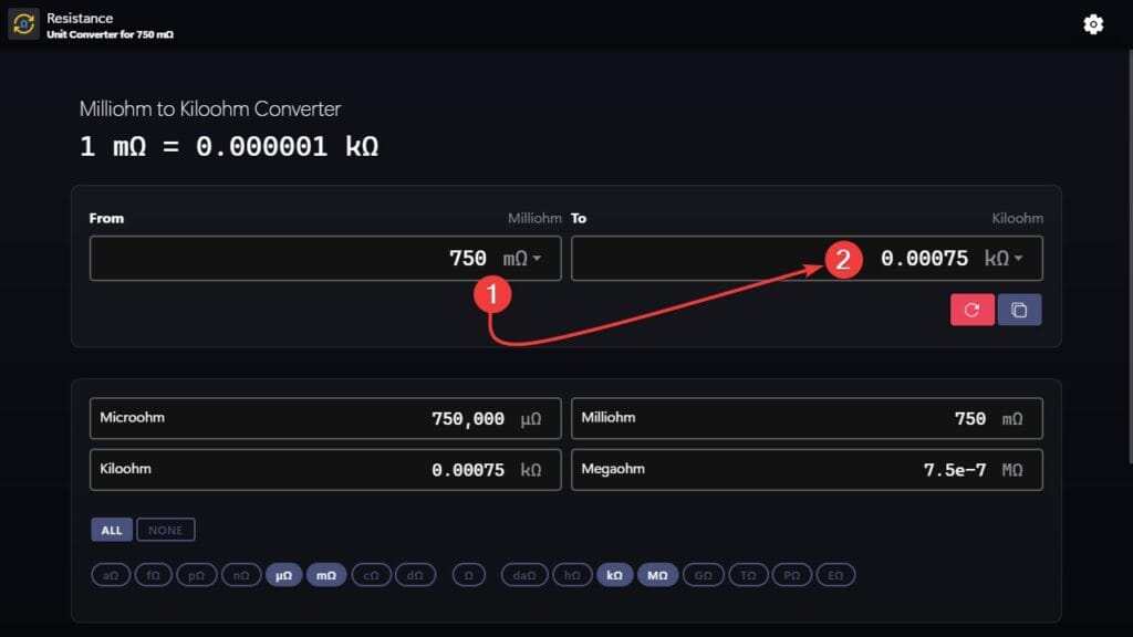 Milliohms to kiloohms converter example