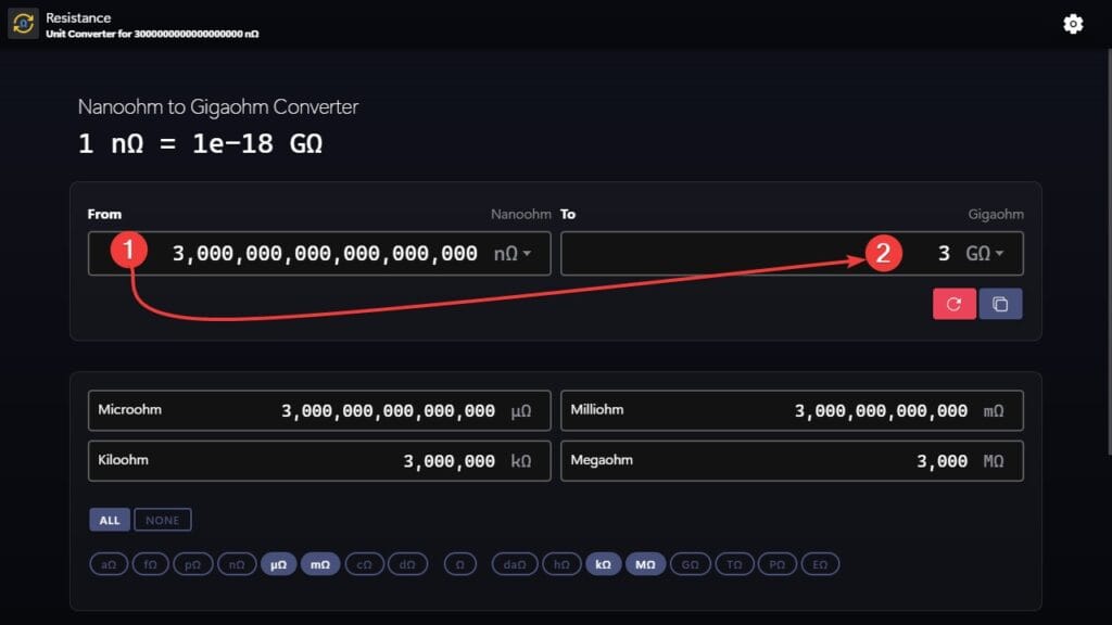 Nanoohms to gigaohms converter example